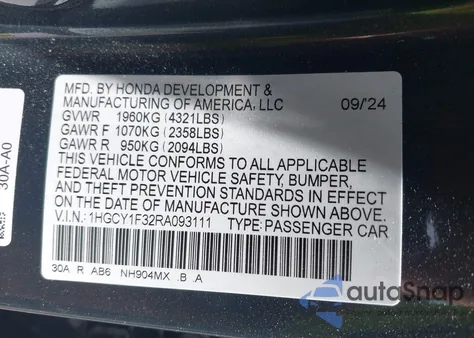 2024 Honda Accord Ex z USA, uszkodzony, nr VIN 1HGCY1F32RA093111